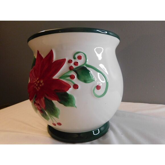 Christmas Poinsettia Ceramic Vintage Cookie Jar NO LID 7 1/2"T x 6 3/4"W - Picture 5 of 7